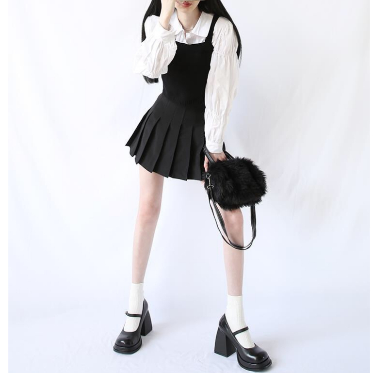 S010 Giày Mary Jane Nhật Bản 9cm mũi vuông cao gót phong cách Retro mới gót dày và đế dày