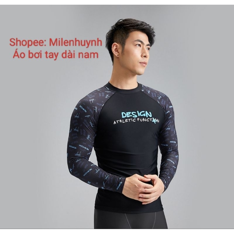 Áo bơi nam tay dài Sabolay NY23-10 size 55-85kg màu đen in chữ Design xanh