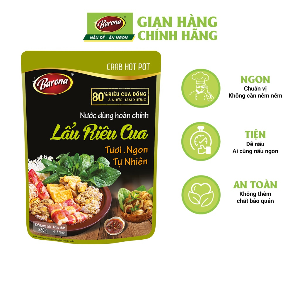 Combo 3 Gói Nước Dùng Lẩu Riêu Cua Barona 230g, Tặng 1 hũ tiêu hạt 45g