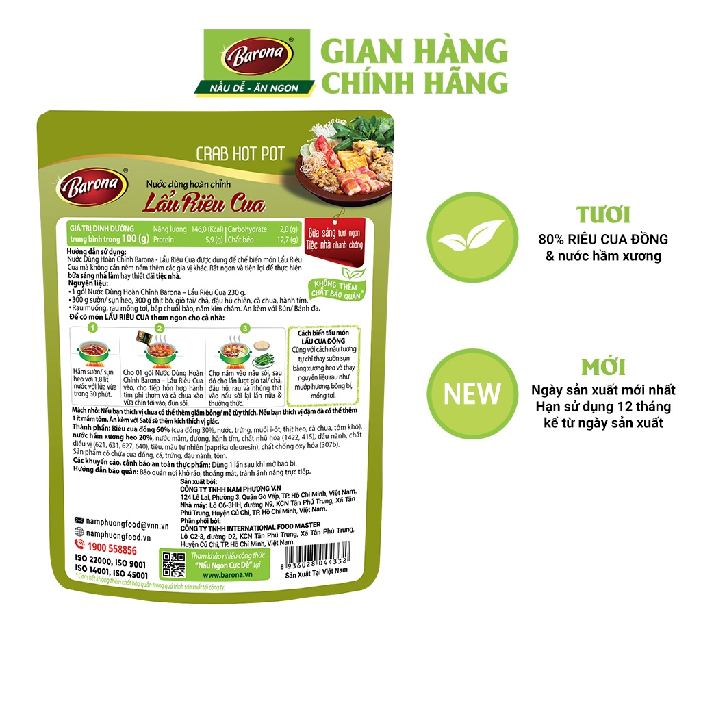 Combo 3 Gói Nước Dùng Lẩu Riêu Cua Barona 230g, Tặng 1 hũ tiêu hạt 45g