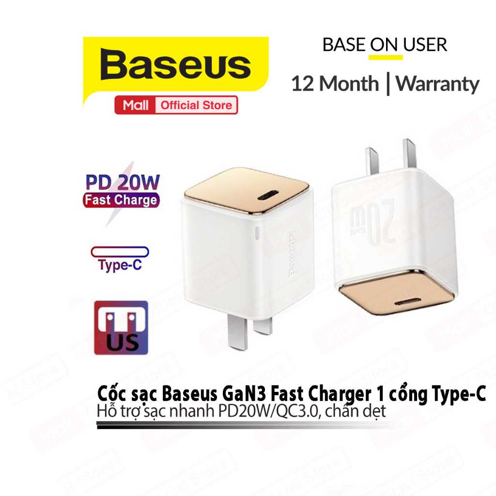 Củ Sạc Nhanh PD20W Baseus GaN3 Fast Charger QC3.0 ,1 cổng Type C Cho 13/14promax/Samsung/Xiaomi , chân dẹt