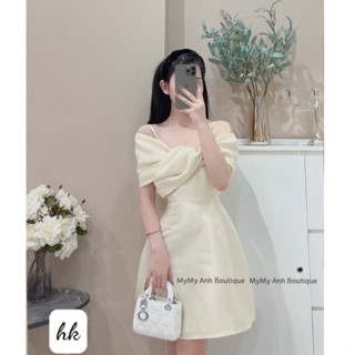 Váy nữ dự tiệc váy trễ vai nơ váy đi ăn cưới cao cấp váy thiết kế vải tacta hàng loại 1 chất đẹp