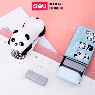 Dập ghim mini hình gấu trúc Panda Deli, Ghim bấm giấy học sinh văn phòng 12 trang kèm hộp ghim