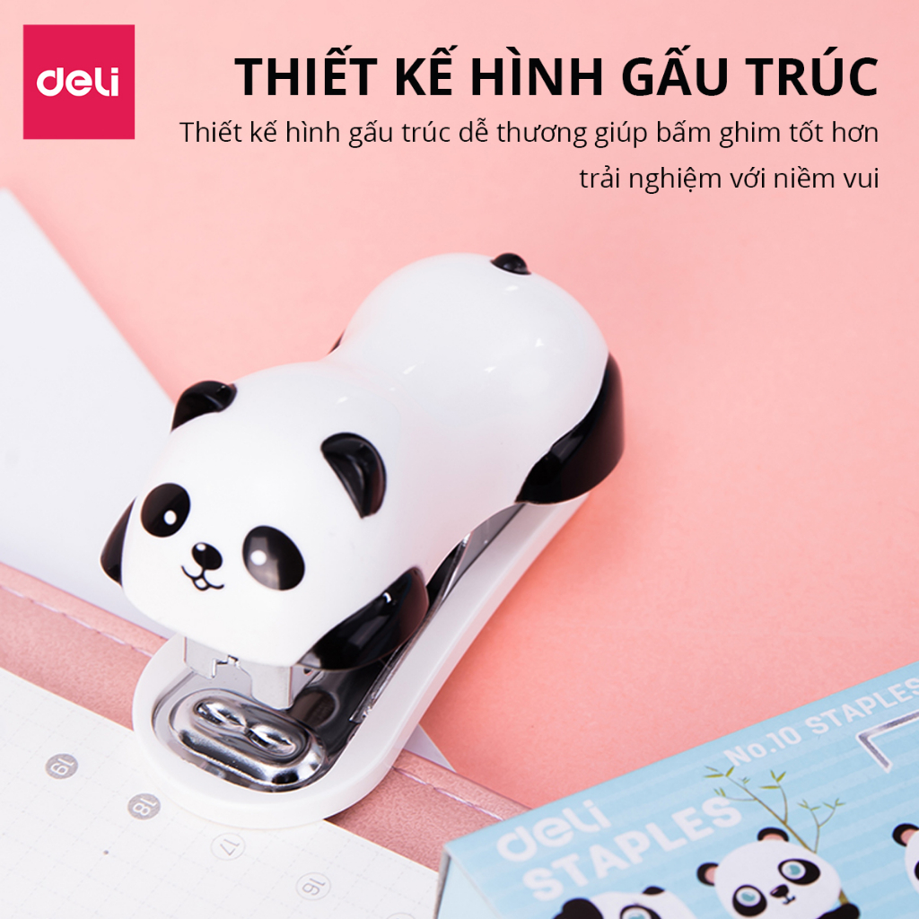 Dập ghim mini hình gấu trúc Panda Deli, Ghim bấm giấy học sinh văn phòng 12 trang kèm hộp ghim