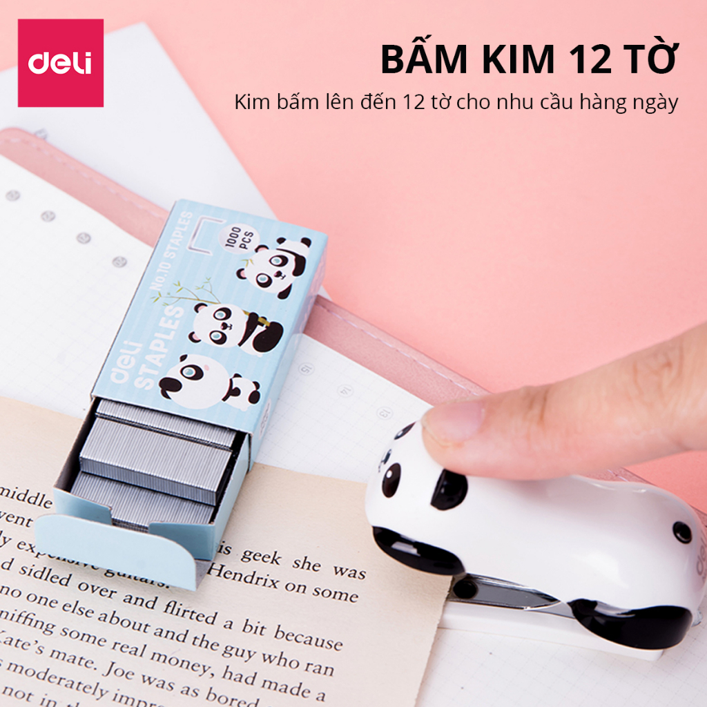 Dập ghim mini hình gấu trúc Panda Deli, Ghim bấm giấy học sinh văn phòng 12 trang kèm hộp ghim