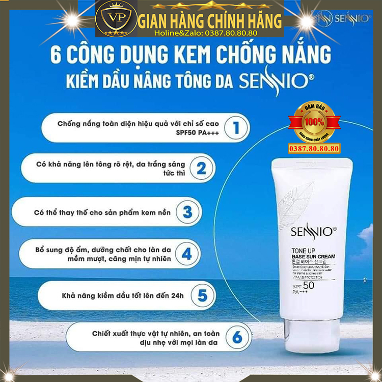 Kem chống nắng cho da dầu mụn da nhờn tốt chính hãng hàn quốc Sennio KCN kem nền kiềm dầu nâng tone trắng da mặt vật lý