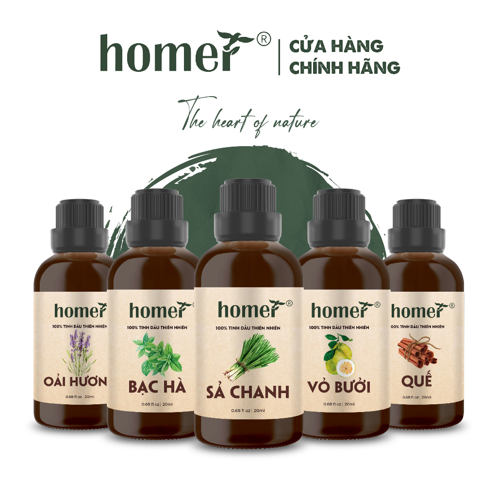 Tinh dầu thơm phòng Homer 20ml - Essential Oils - Chứng nhận FDA Hoa Kỳ - Khử mùi, đuổi muỗi - Sả chanh, bạc hà
