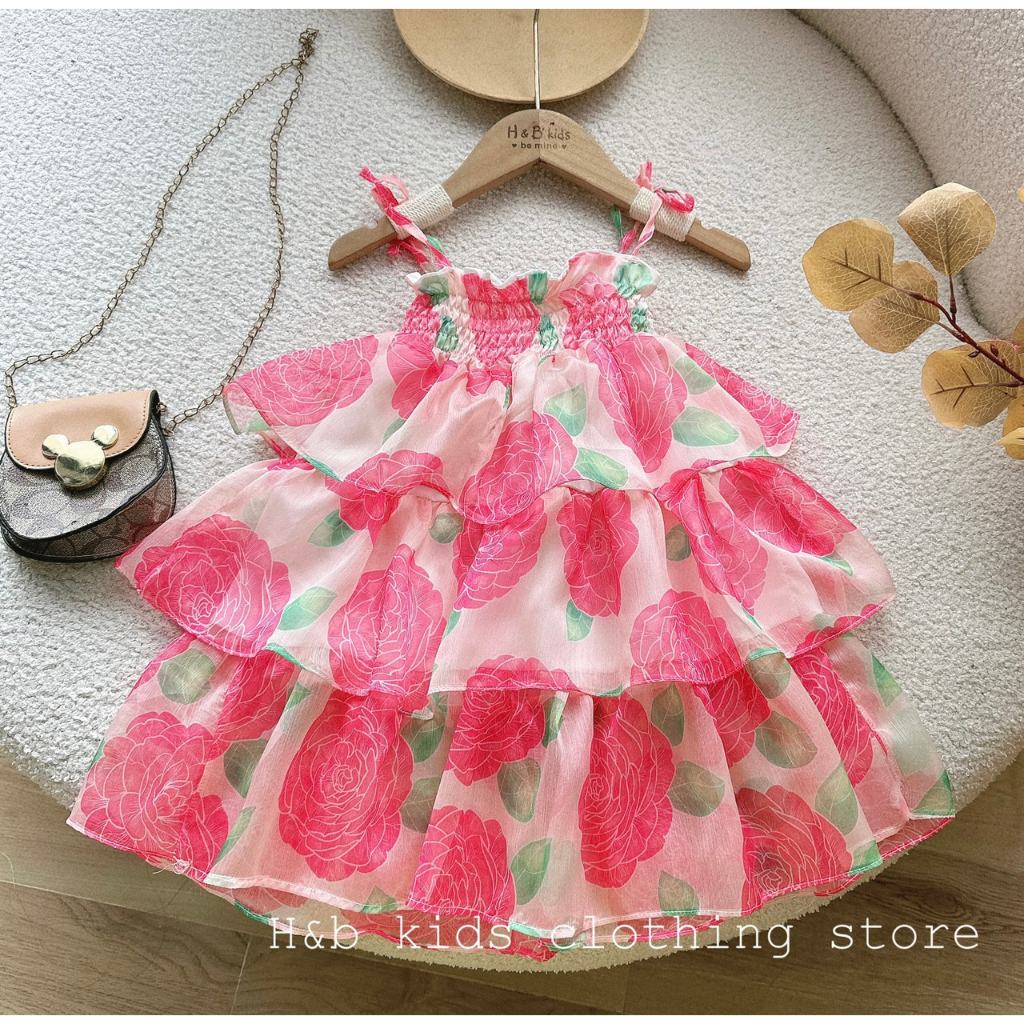 Váy cho bé gái , váy maxi hoa đại tơ voan 3 tầng cho bé diện hè , đi biển 10-30kg