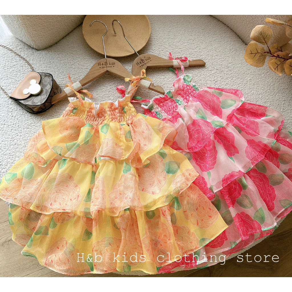 Váy cho bé gái , váy maxi hoa đại tơ voan 3 tầng cho bé diện hè , đi biển 10-30kg