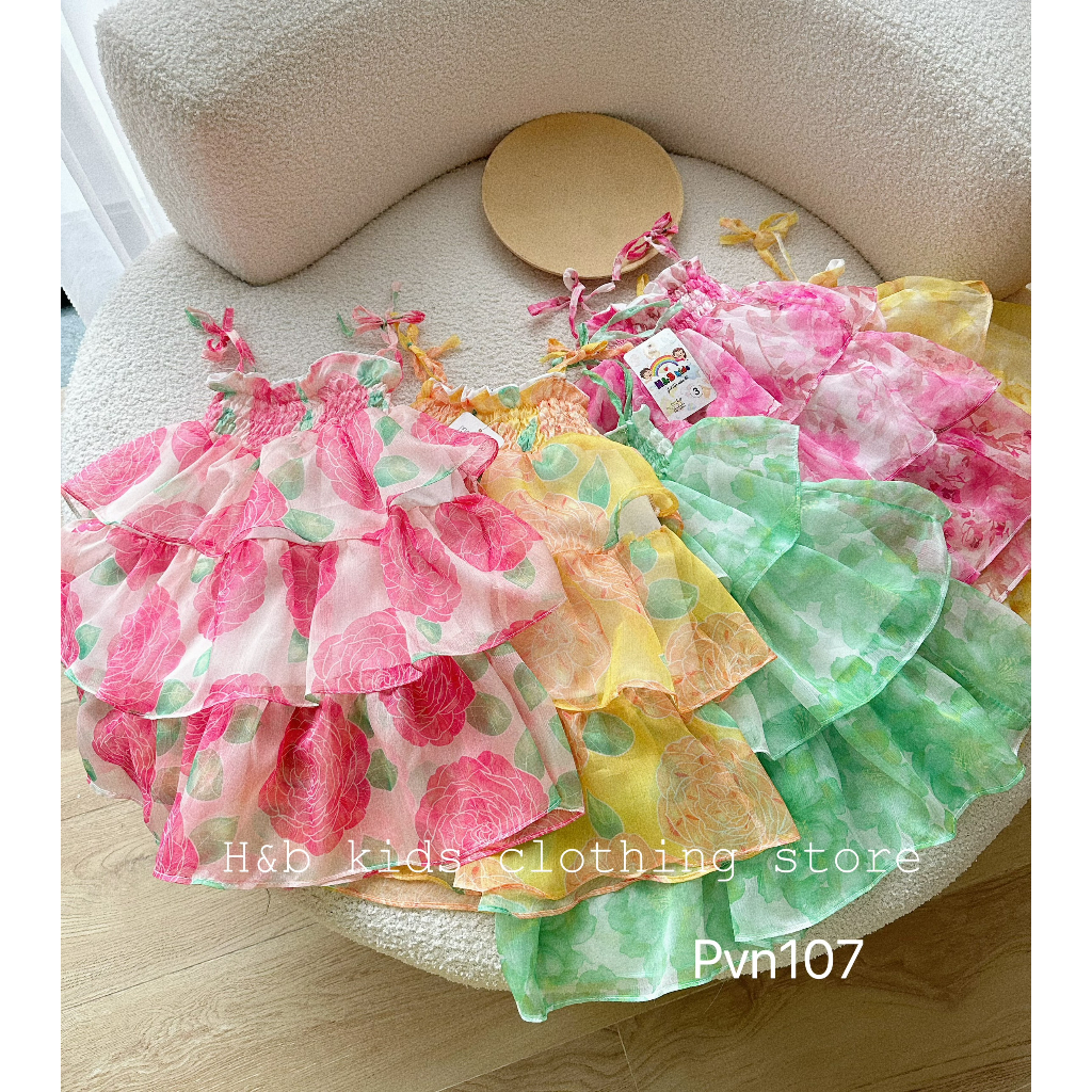 Váy cho bé gái , váy maxi hoa đại tơ voan 3 tầng cho bé diện hè , đi biển 10-30kg