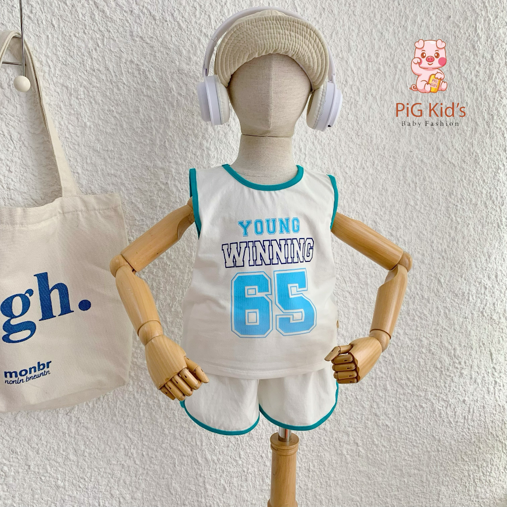 Bộ ba lỗ cotton mềm mát in chữ Winning 65 Pig Kid cho bé