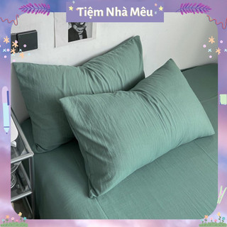 Bộ Chăn Ga Gối 4 Món Cotton Đũi Trơn Basic Một Màu Xuất Nhật Xanh Mint Siêu Mềm Mịn Tiệm Nhà Mêu