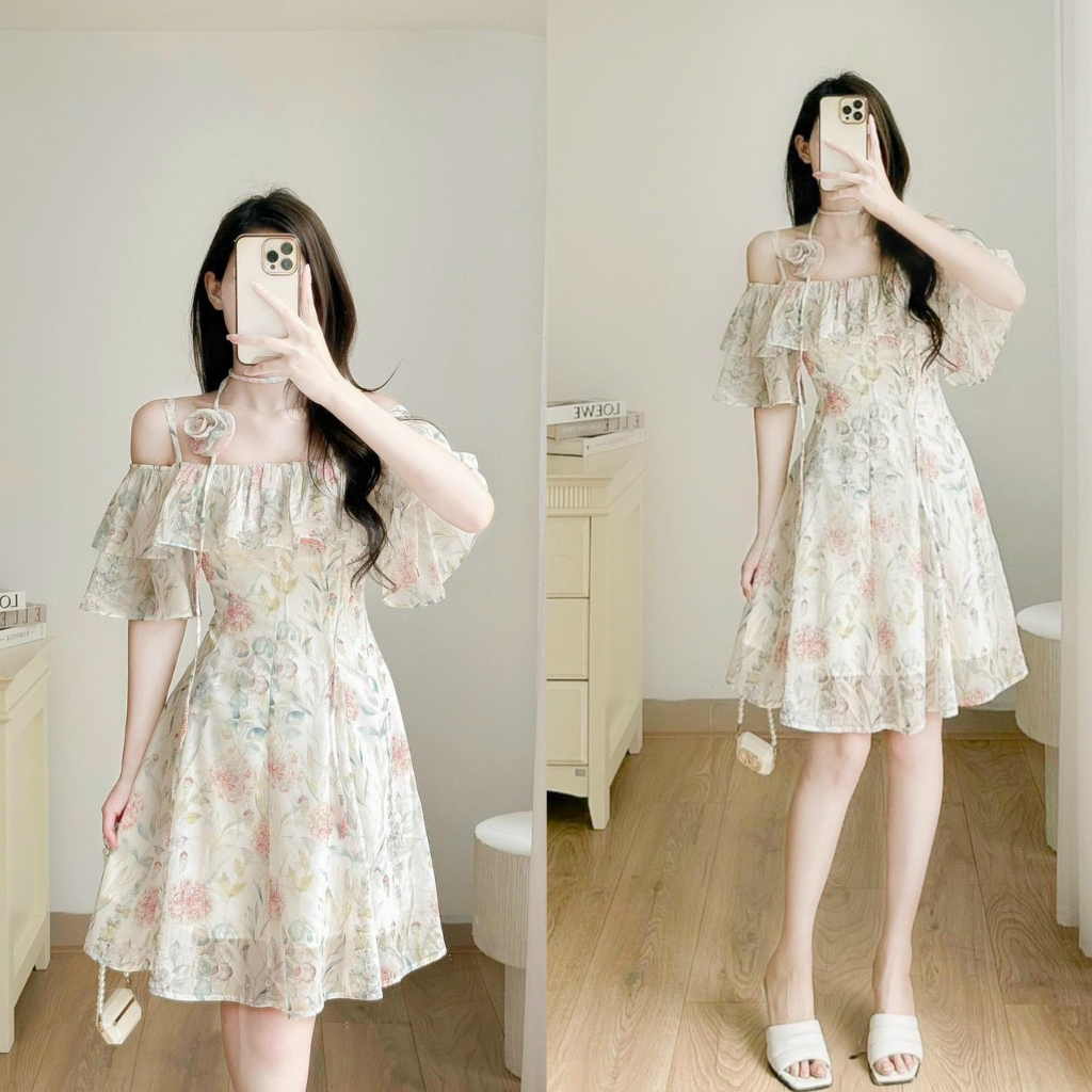 Đầm váy nữ xòe trễ vai tay bèo kèm bông cổ họa tiết hoa cực kì sang trọng, quý phái thích hợp cho các nàng đi dự tiệc
