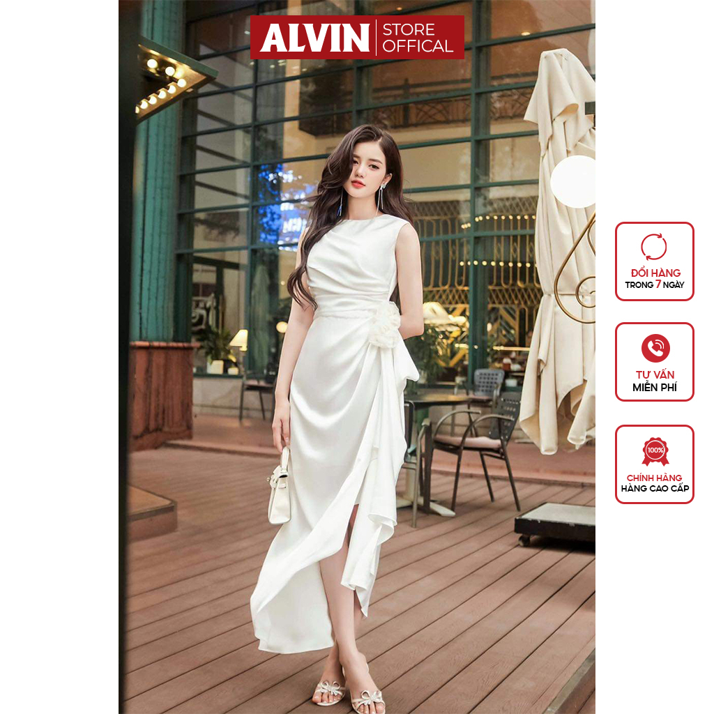 Đầm Dạ Hội Dáng Xòe Sát Nách Phối Hoa Eo Dự Tiệc Sang Trọng Alvin Store 1593 (Trắng)