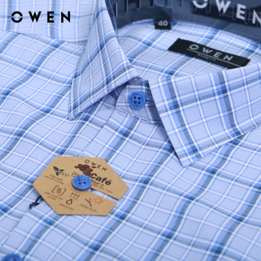 OWEN - Áo sơ mi ngắn tay Nam Owen Body Fit màu Xanh sọc chất liệu Cafe - AB230109NT
