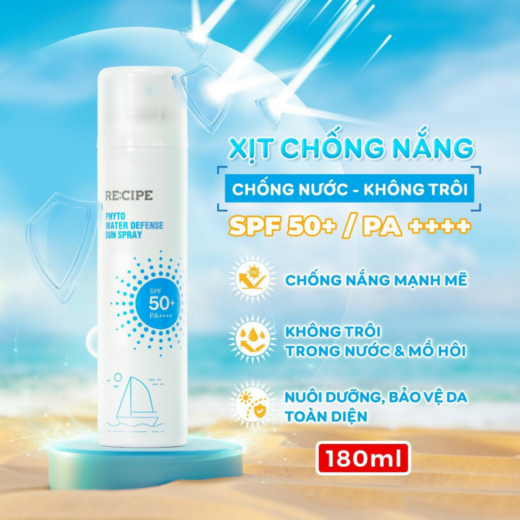Xịt Chống Nắng RECIPE SPF50+ PA++++ Chống Nắng, Không Trôi Recipe Phyto Water Defense Sun Spray 180ml