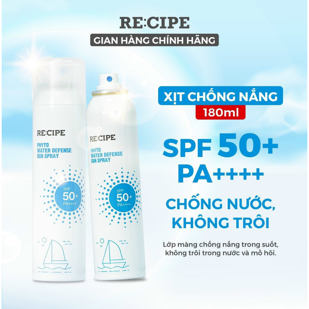 Xịt Chống Nắng RECIPE SPF50+ PA++++ Chống Nắng, Không Trôi Recipe Phyto Water Defense Sun Spray 180ml