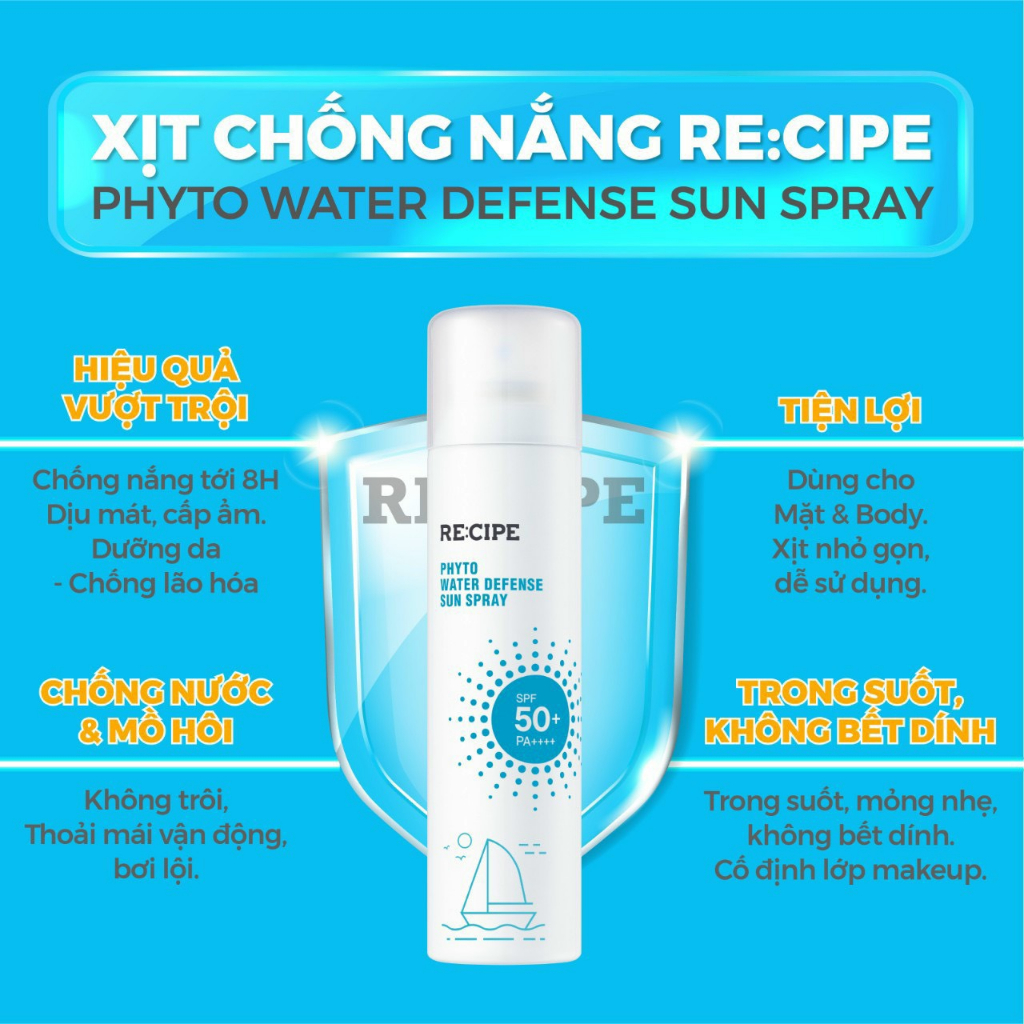 Xịt Chống Nắng RECIPE SPF50+ PA++++ Chống Nắng, Không Trôi Recipe Phyto Water Defense Sun Spray 180ml