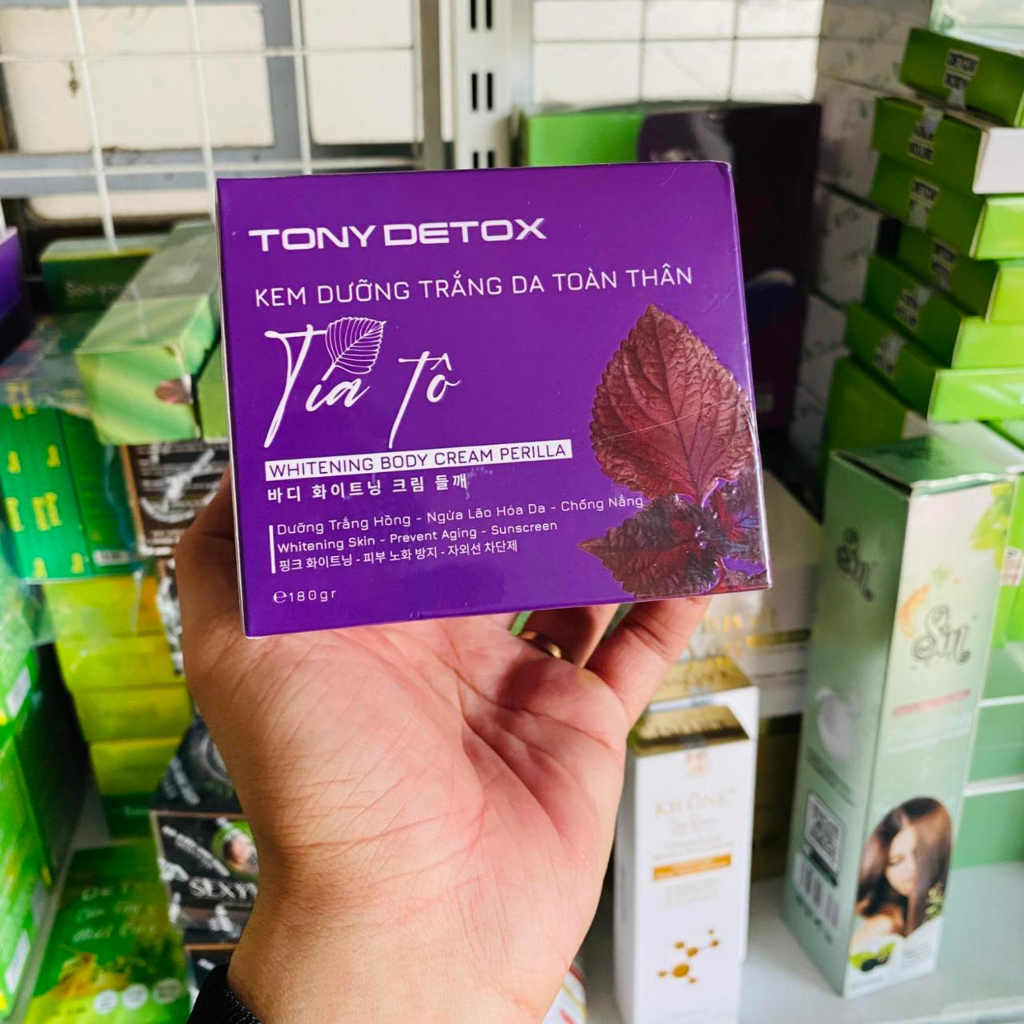 Kem trắng da body, kem body tía tô Tony Detox, dưỡng trắng da, make up body, nâng tone tự nhiên 180g