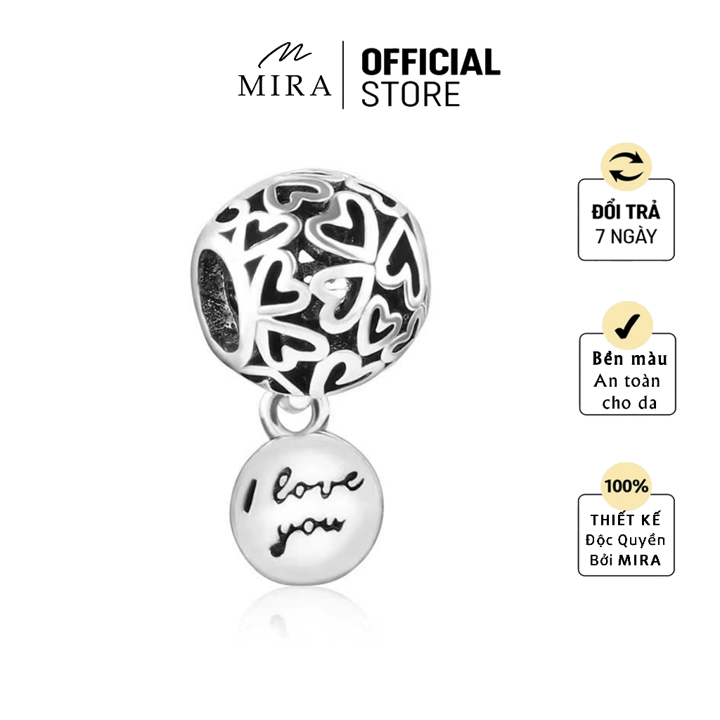 Charm, Hạt Pan MIRA & Co. - HPA37 Pan Trụ Tròn I Love You, Mạ Bạc Xi Bạc, Mix Được Tất Cả Dòng Lắc MIRA
