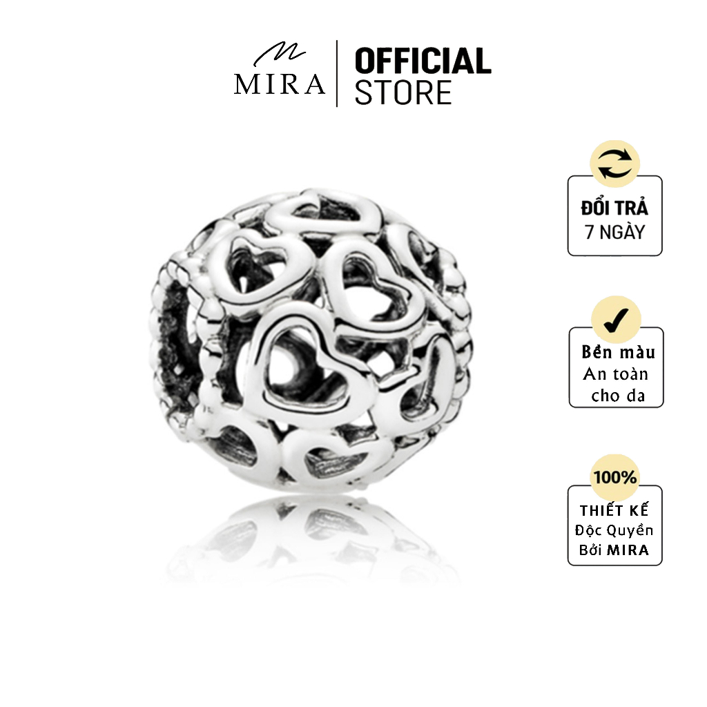 Charm, Hạt Pan MIRA & Co. - HPA45 Pan Trụ Tròn Tim, Mạ Bạc Xi Bạc, Mix Được Tất Cả Dòng Lắc MIRA