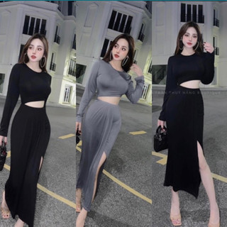 (sale 25%)ĐẦM BODY TAY DÀI HỞ EO,XẺ TÀ SEXY(Thun lụa dẻo l1chuẩn mẫu mặc)
