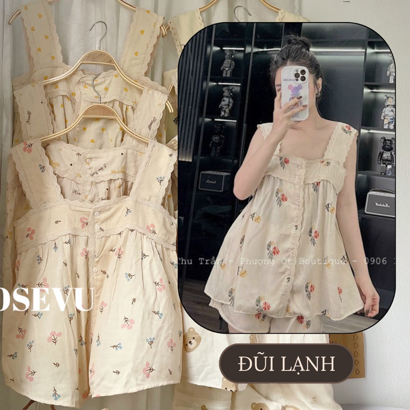 ĐŨI LẠNH MỀM Bộ ngủ nữ, Pijama cổ ren vuông mềm mát