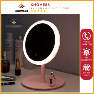 Gương trang điểm tròn để bàn đèn led cảm ứng cao cấp tích điện 3 chế độ sáng