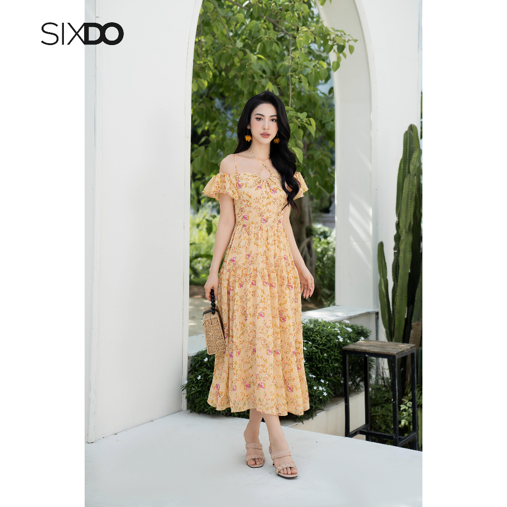 Đầm voan hoa midi trễ vai thời trang SIXDO (Floral Midi Voile Dress)