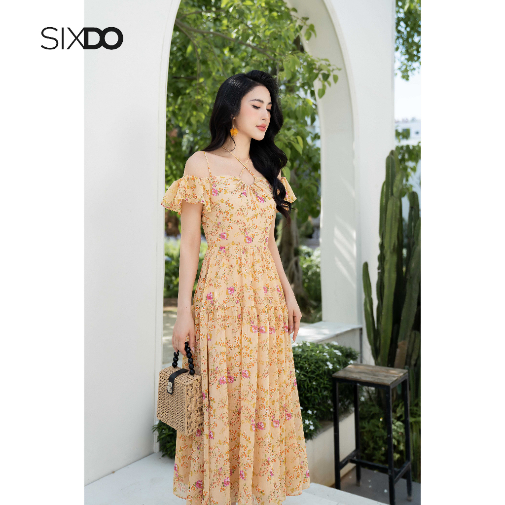 Đầm voan hoa midi trễ vai thời trang SIXDO (Floral Midi Voile Dress)