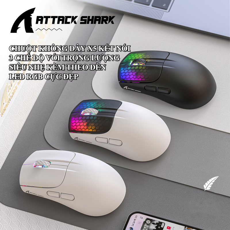 Chuột không dây ATTACK SHARK X5 kết nối 3 chế độ thiết kế chuột trọng lượng siêu nhẹ kèm đèn led RGB và 5 mức độ DPI