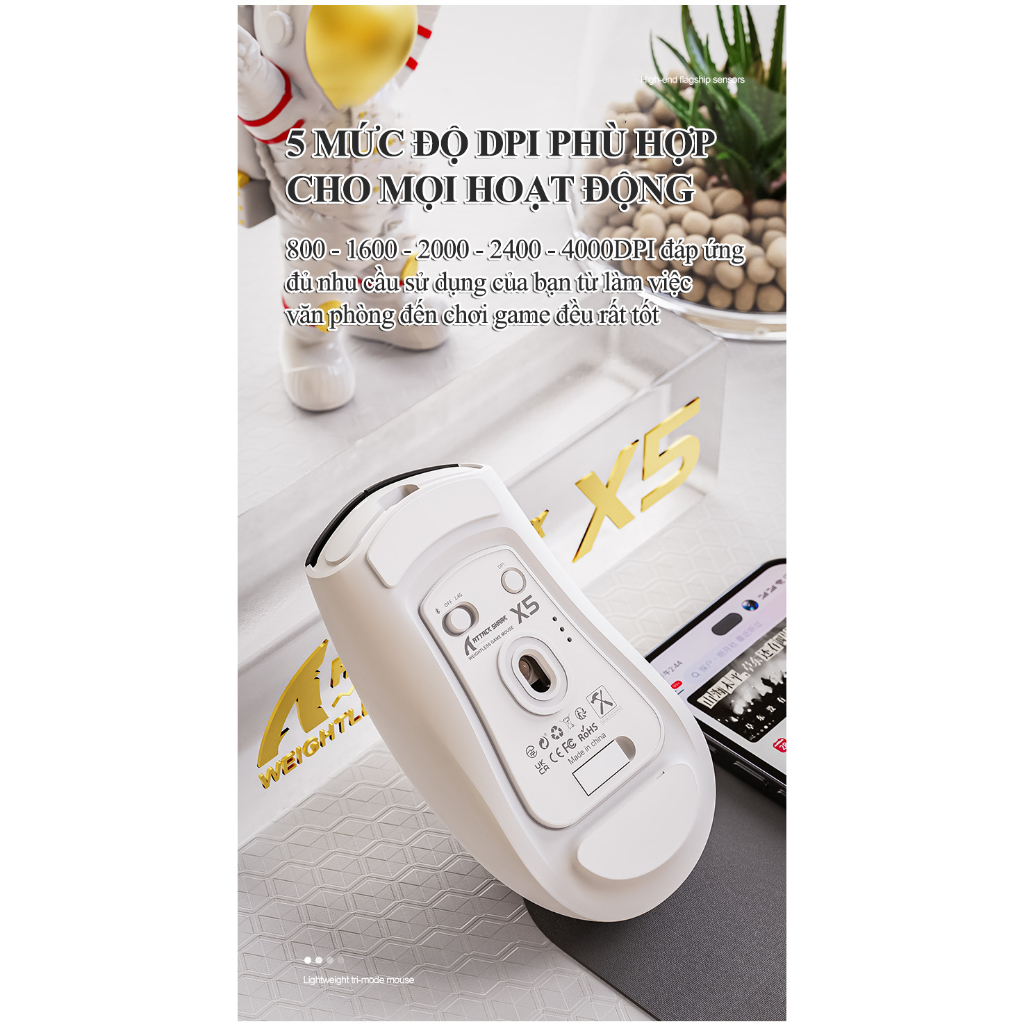 Chuột không dây ATTACK SHARK X5 kết nối 3 chế độ thiết kế chuột trọng lượng siêu nhẹ kèm đèn led RGB và 5 mức độ DPI
