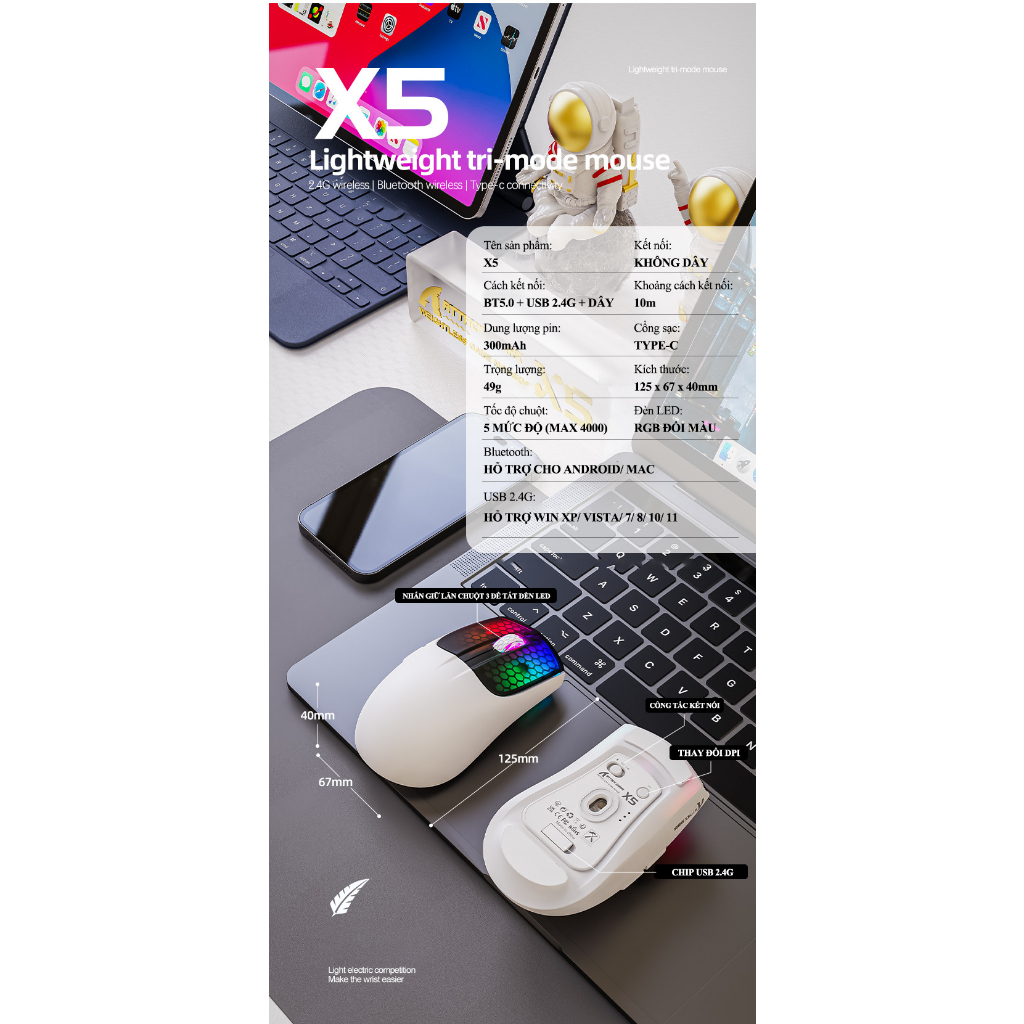 Chuột không dây ATTACK SHARK X5 kết nối 3 chế độ thiết kế chuột trọng lượng siêu nhẹ kèm đèn led RGB và 5 mức độ DPI