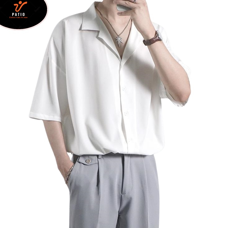 Áo sơ mi nam nữ ngắn tay Unisex Basic màu trắng và đen sơ mi vải lụa cổ Vest mịn mát form rộng suông PATIO