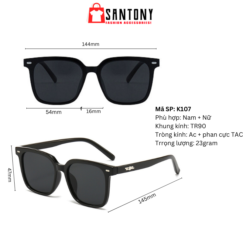 Kính Mát Vuông Nam Nữ SANTONY Nhựa TR90 Cao Cấp Chống UV400