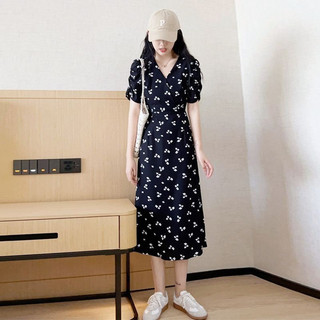 (ORDER) Váy hoa nhí màu đen cộc tay cổ V thắt eo xòe dài nhẹ nhàng Hàn Quốc (hàng QCL1)
