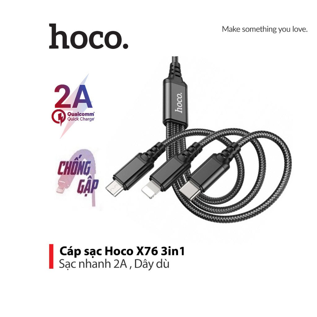 Cáp sạc đa năng 3IN1 Hoco X76 sạc nhanh 2A thiết kế đầu sạc chống gẫy gập dài 1M