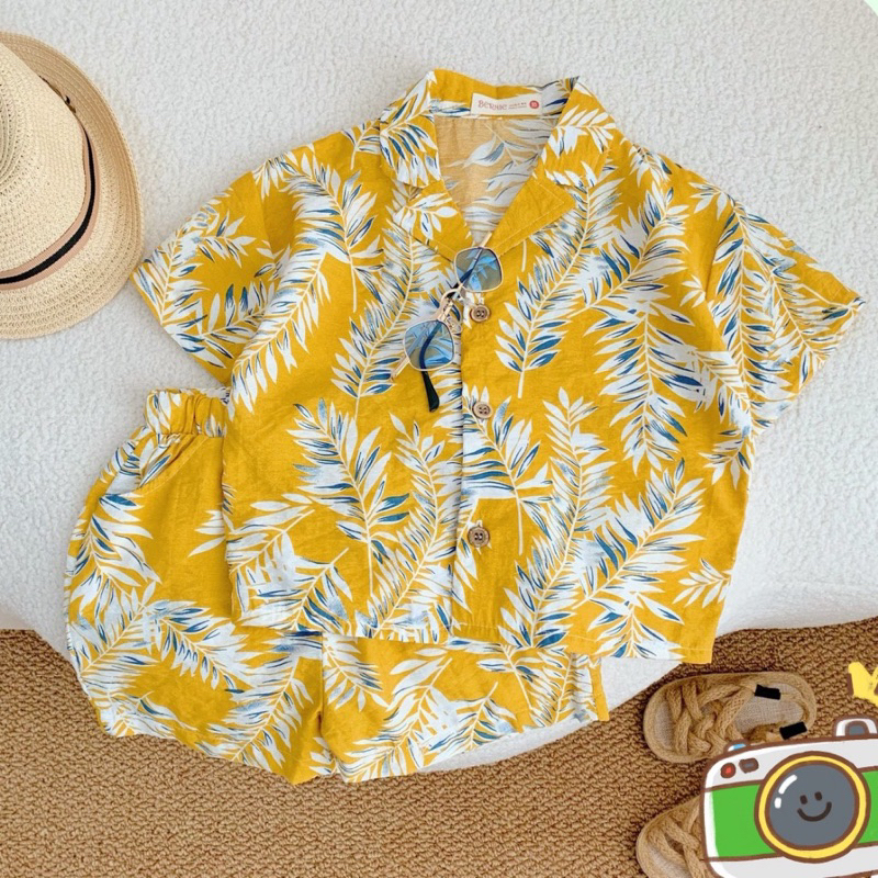 Bộ đồ đi biển bé trai, hoạ tiết hoa lá, chất đũi siêu mát cho bé từ 8-22kg
