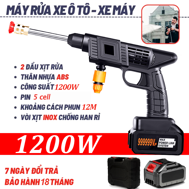 Máy rửa xe mini cầm tay cao áp, máy rửa xe chạy pin, Máy Xịt Rửa Sân Vườn Có Thể Chuyển Đổi Điều Chỉnh Dòng Nước Tiện