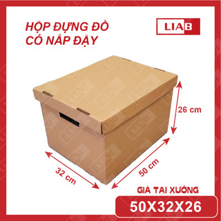 Hộp giấy carton đựng tài liệu, hồ sơ lưu trữ văn phòng, đựng đồ đa năng cao cấp siêu cứng có nắp rời 50x32x26 cm