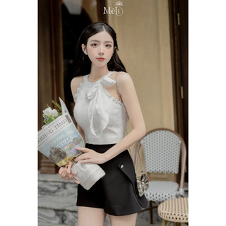 Áo crotop cổ yếm nơ lệch - Quần sooc đính cúc - Thiết kế Meli