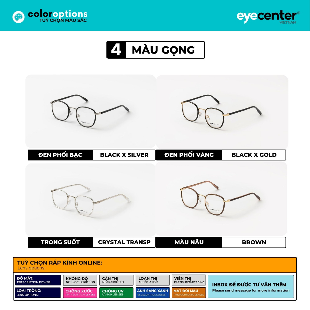 Gọng kính nam nữ chính hãng EYECENTER B101S nhựa phối kim loại nhập khẩu by Eye Center Vietnam