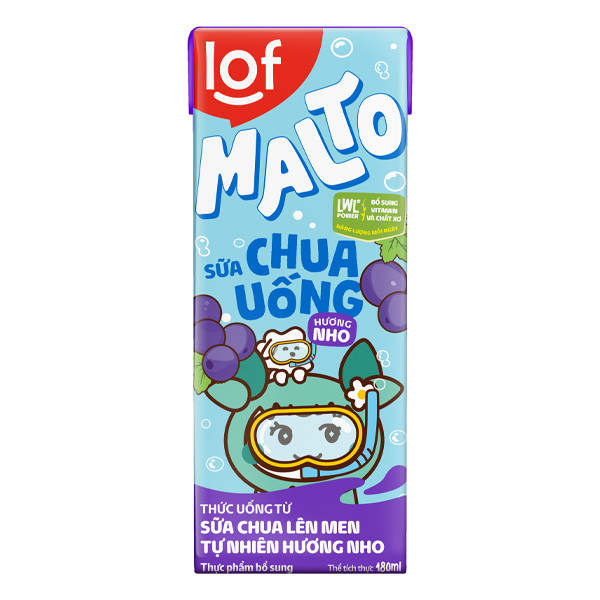 Tặng 6 bút bi Lof Malto_Sữa chua uống hương nho thùng 48 hộp x 180ml