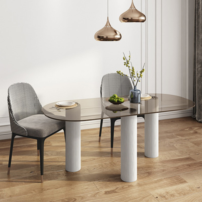 Bàn ăn mặt đá trắng và mặt kính nâu 1m4