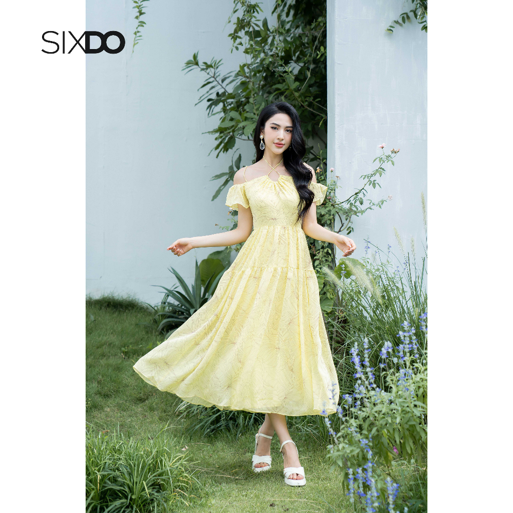 Đầm voan hoa midi trễ vai thời trang SIXDO (Floral Midi Voile Dress)