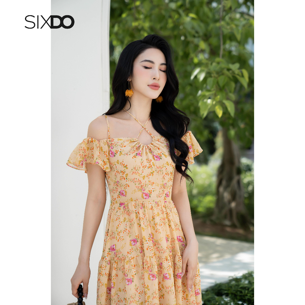 Đầm voan hoa midi trễ vai thời trang SIXDO (Floral Midi Voile Dress)