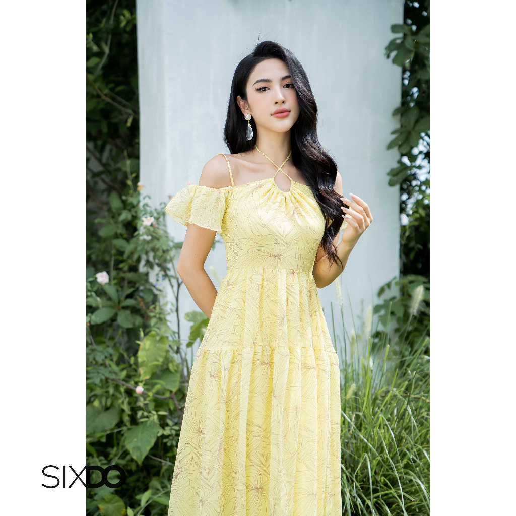 Đầm voan hoa midi trễ vai thời trang SIXDO (Floral Midi Voile Dress)