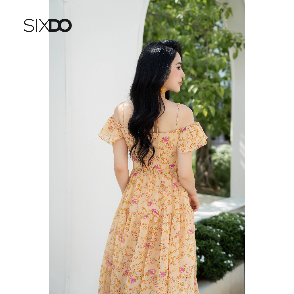 Đầm voan hoa midi trễ vai thời trang SIXDO (Floral Midi Voile Dress)