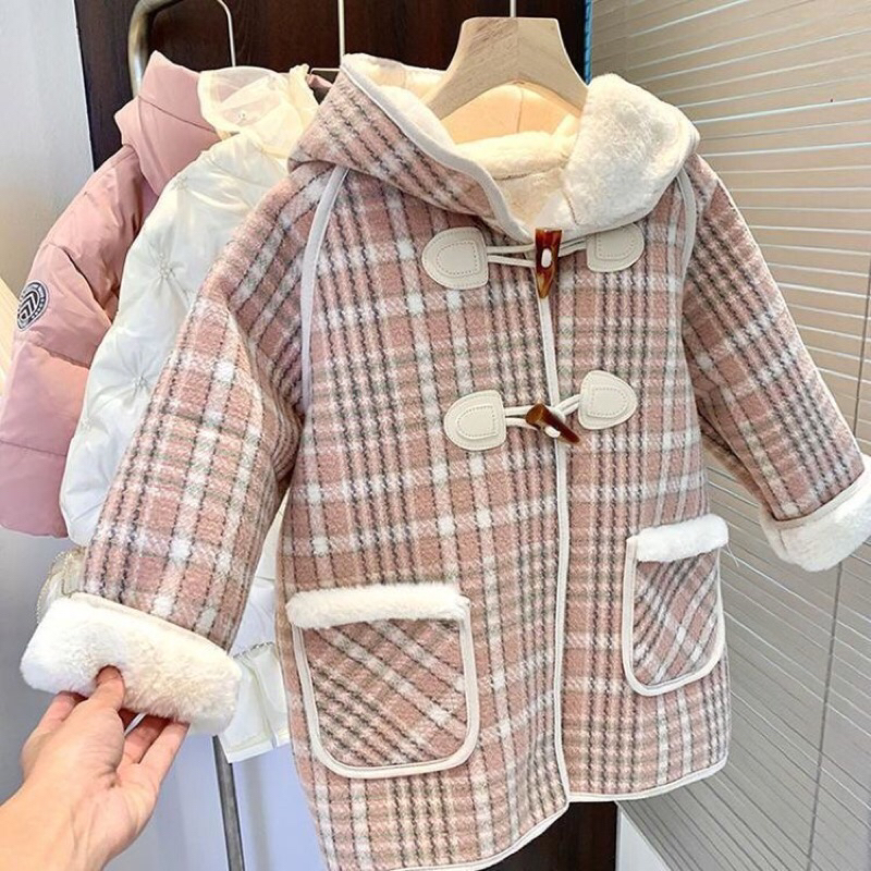 Khoác dạ phong cách Hàn Quốc lót lông có mũ cho bé