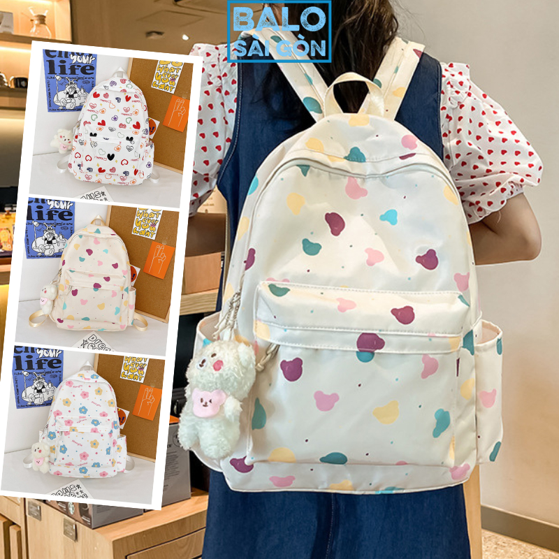 Balo Nữ Sinh Đi Học Đi Du Lịch Hợp Thời Trang Họa Tiết Trái Tim Cute Màu Sắc Vui Tươi Nhiều Ngăn Chống Thấm Nước Bls08